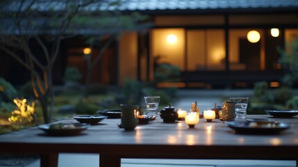 Wall Mural - A serene outdoor dining setup with candles and dishes, set against a tranquil garden backdrop.