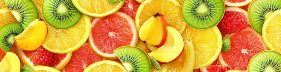 Wall Mural - A vibrant assortment of sliced fruits arranged aesthetically for a fresh, healthy display.