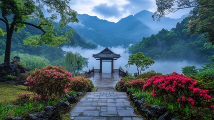 Poster - Serene landscape with a pagoda, flowers, and misty mountains.