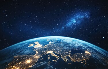 Wall Mural - planet earth from space, with glowing lights on the horizon