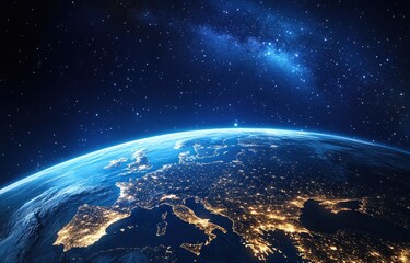 Wall Mural - planet earth from space, with glowing lights on the horizon