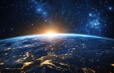 Wall Mural - planet earth from space, with glowing lights on the horizon