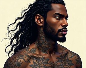 Athletic tattooed black man with long and facial hair, yellow eyes