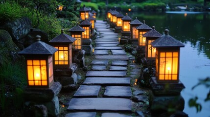 Wall Mural - A serene pathway lined with glowing lanterns beside a calm water body.