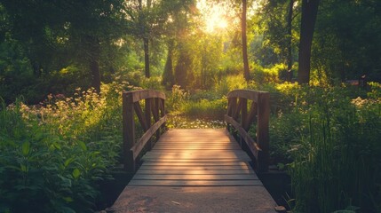 Sticker - A serene wooden bridge over a tranquil stream in a sunlit, lush green forest.