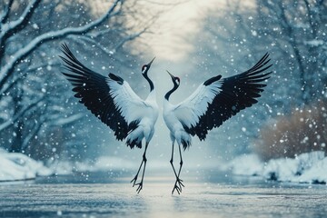 Poster - Two elegant cranes dance in a snowy landscape, embodying grace and beauty in nature.