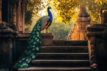 Poster - A vibrant peacock stands on stone steps in a lush, sunlit environment.