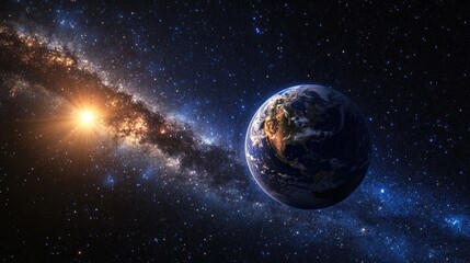 Wall Mural - view of the planet earth from space, with starlight and the milky way galaxy in the background.
