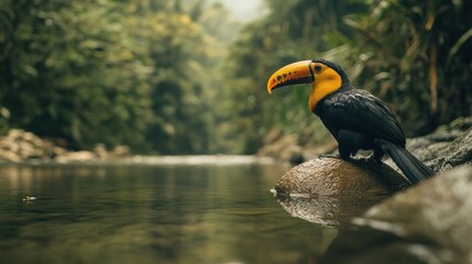 Canvas Print - A vibrant toucan perched by a serene river amidst lush greenery.