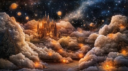 Wall Mural - a fantastical castle rises amidst glowing clouds and a starry night sky.