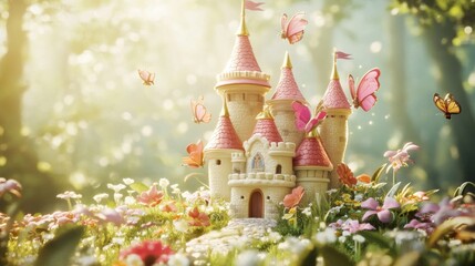 Sticker - A whimsical castle surrounded by flowers and butterflies in a sunlit forest.