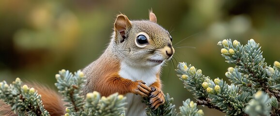 Cute red squirrel perched on a branch with green foliage.