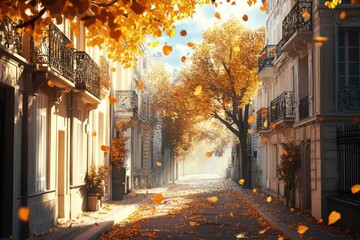 Canvas Print - A serene autumn street lined with trees and falling leaves, creating a tranquil atmosphere.