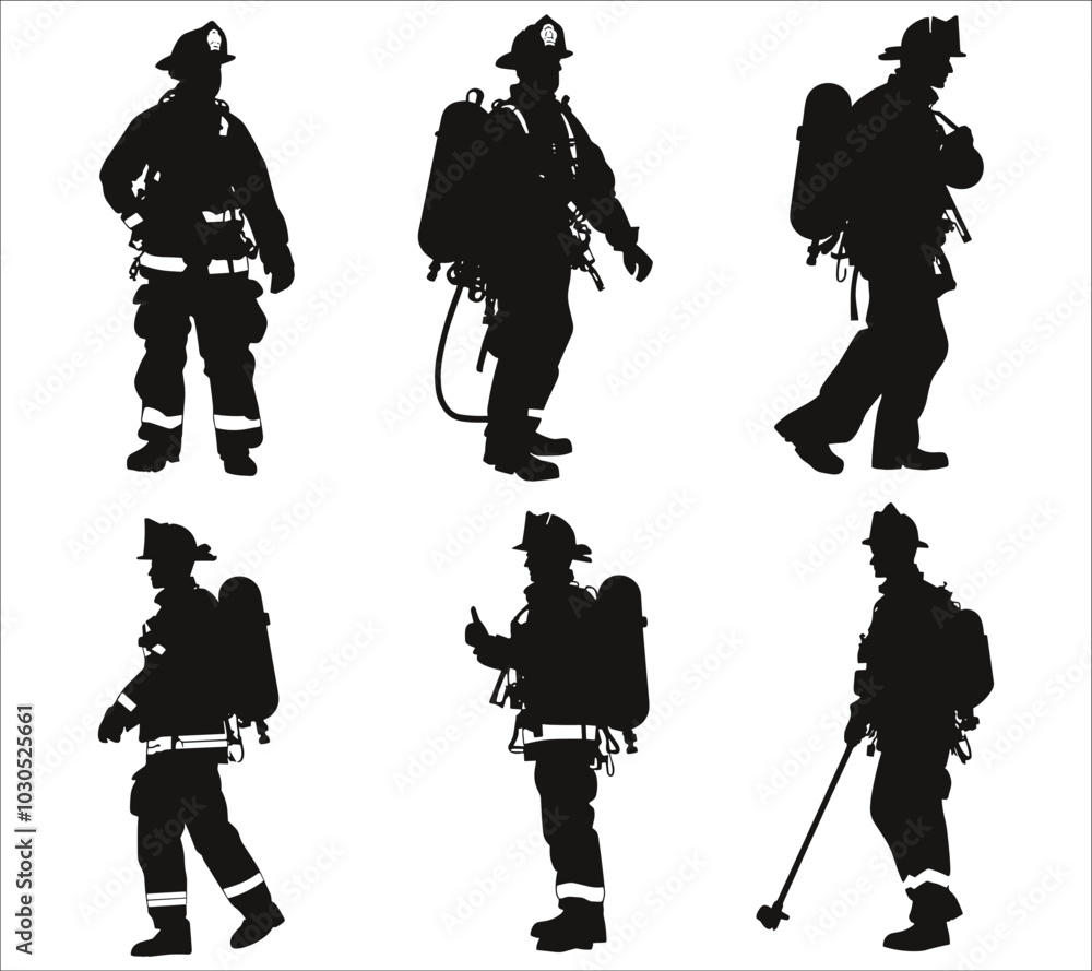 Firefighter Silhouette Set Vector Black Silhouettes Of Young