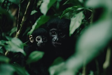 Sticker - Two black monkeys nestled among lush green foliage in a dense jungle setting.