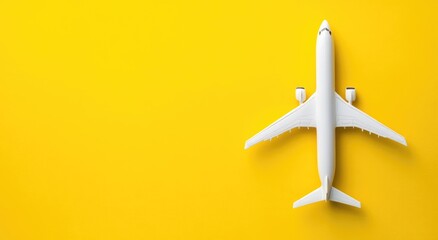 Wall Mural - White airplane model on a yellow background with copy space for a travel concept.