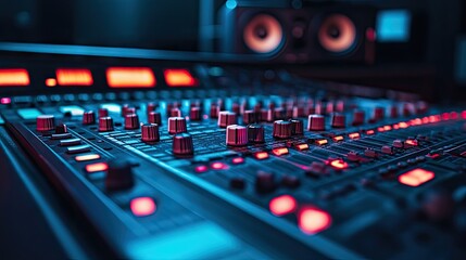 A detailed view of an audio mixing board in a professional sound studio, with glowing indicators and controls.