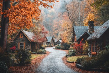 Sticker - A serene autumn scene with cozy cottages along a winding path surrounded by colorful foliage.