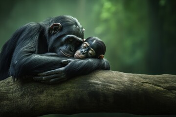 Sticker - A tender moment between a mother chimpanzee and her baby, showcasing affection in nature.