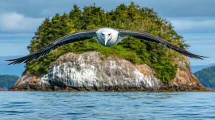 Wall Mural - A majestic bird flying over tranquil waters with a lush island backdrop.