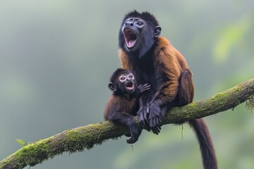 Poster - A mother and baby monkey vocalizing on a branch in a misty forest.