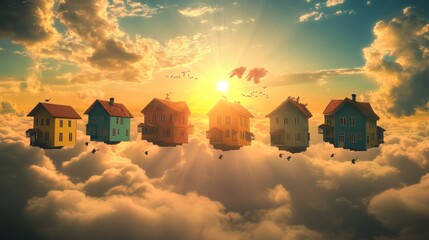 Sticker - A surreal scene of colorful houses floating among clouds at sunrise.