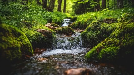 Sticker - A serene forest stream flows over moss-covered rocks, surrounded by lush greenery.