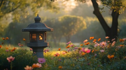 Wall Mural - A serene garden scene featuring a lantern amidst blooming flowers at sunrise.