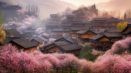 Poster - Scenic view of traditional houses surrounded by cherry blossoms in a misty landscape.