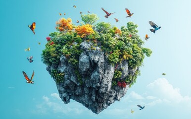 Poster - A floating island brimming with vibrant trees and colorful birds against a clear blue sky.