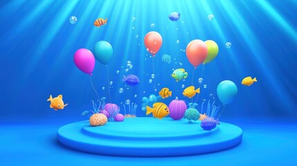 Canvas Print - A vibrant underwater scene with colorful fish and balloons in a blue setting.