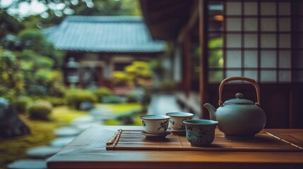 Poster - A serene tea setting with a teapot and cups in a tranquil garden.