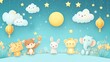 Charming Eid festival Ramadan banner decorated with cute cartoon animals celebrating under a starry sky surrounded by traditional lanterns with space for text on a light blue background