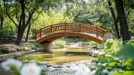 Sticker - A serene wooden bridge arches over a tranquil stream in a lush, green park setting.