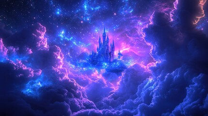 Wall Mural - a mystical castle surrounded by vibrant cosmic clouds and stars.
