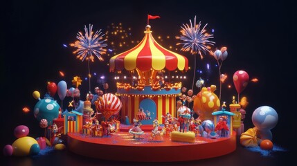 Poster - A vibrant carnival scene with a carousel, balloons, and fireworks, celebrating joy and fun.