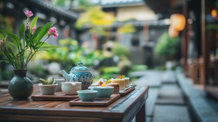 Poster - A serene outdoor tea setup in a garden, featuring teapot, cups, and assorted snacks.