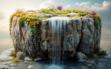 Sticker - A serene waterfall cascading over a rocky formation adorned with vibrant flowers.