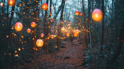 Poster - A serene forest path illuminated by colorful lanterns, creating a magical atmosphere.