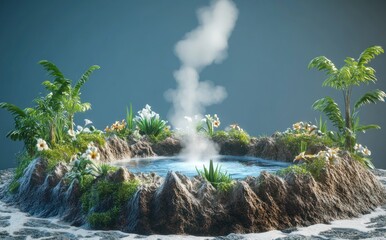 Sticker - A serene hot spring surrounded by lush vegetation and flowers, emitting steam.