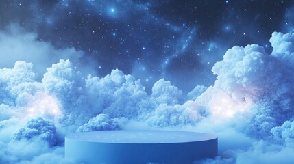 Wall Mural - a serene celestial scene with a circular platform amidst clouds and a starry sky.