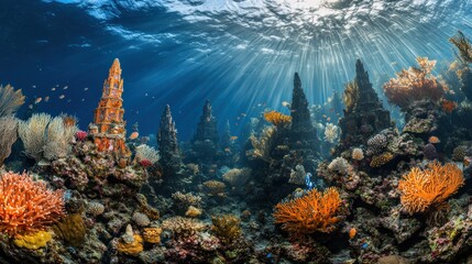 Sticker - Vibrant underwater scene showcasing coral reefs and marine life illuminated by sunlight.