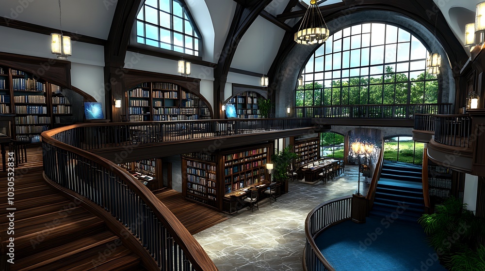 Grand Library Interior with Curved Staircase and Large Windows Stock ...