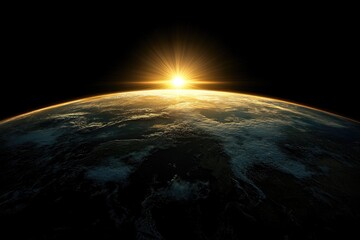 Wall Mural - earth from space, black background, sunrise on the horizon.