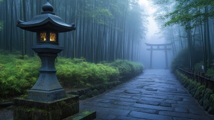 Canvas Print - A serene pathway through a misty bamboo forest, featuring a lantern and a torii gate.