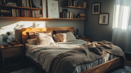 Wall Mural - A cozy bedroom with warm lighting, wooden furniture, and soft textiles for relaxation.