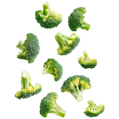 Wall Mural - Falling Broccoli Florets Isolated on a Transparent Background