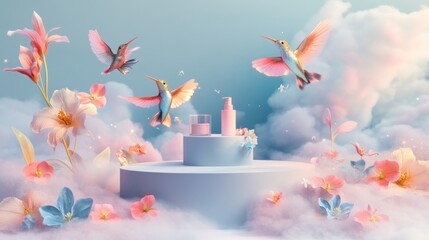 Canvas Print - A whimsical scene with hummingbirds, flowers, and beauty products amidst soft clouds.