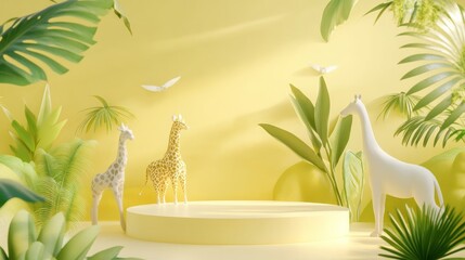 Wall Mural - A vibrant scene featuring giraffes in a stylized, tropical environment.