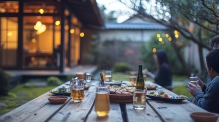 Poster - A serene outdoor dinner setting with various dishes and drinks, inviting relaxation and socializing.